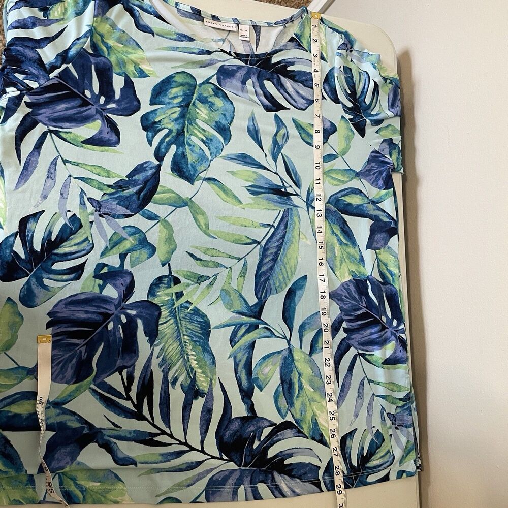 Susan Graver Liquid Knit Top XL Tropical Blue Green Tie Sleeve Office Travel - Picture 8 of 9